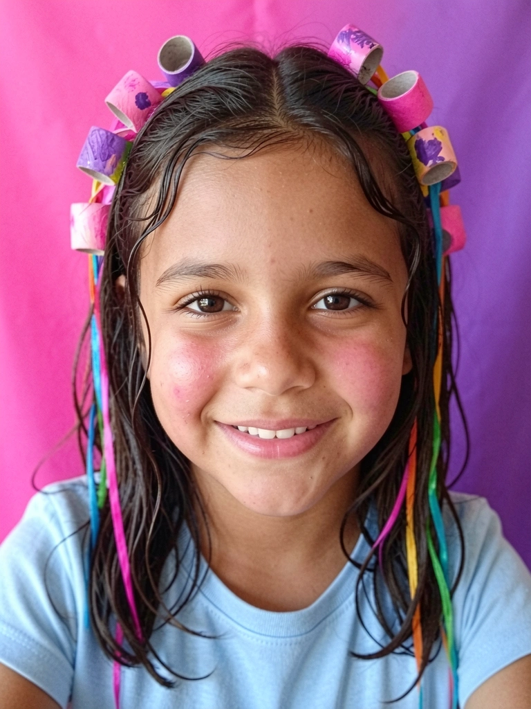 Cabelo com rolinhos de papel higiênico pintados e fitas coloridas presos nos fios.