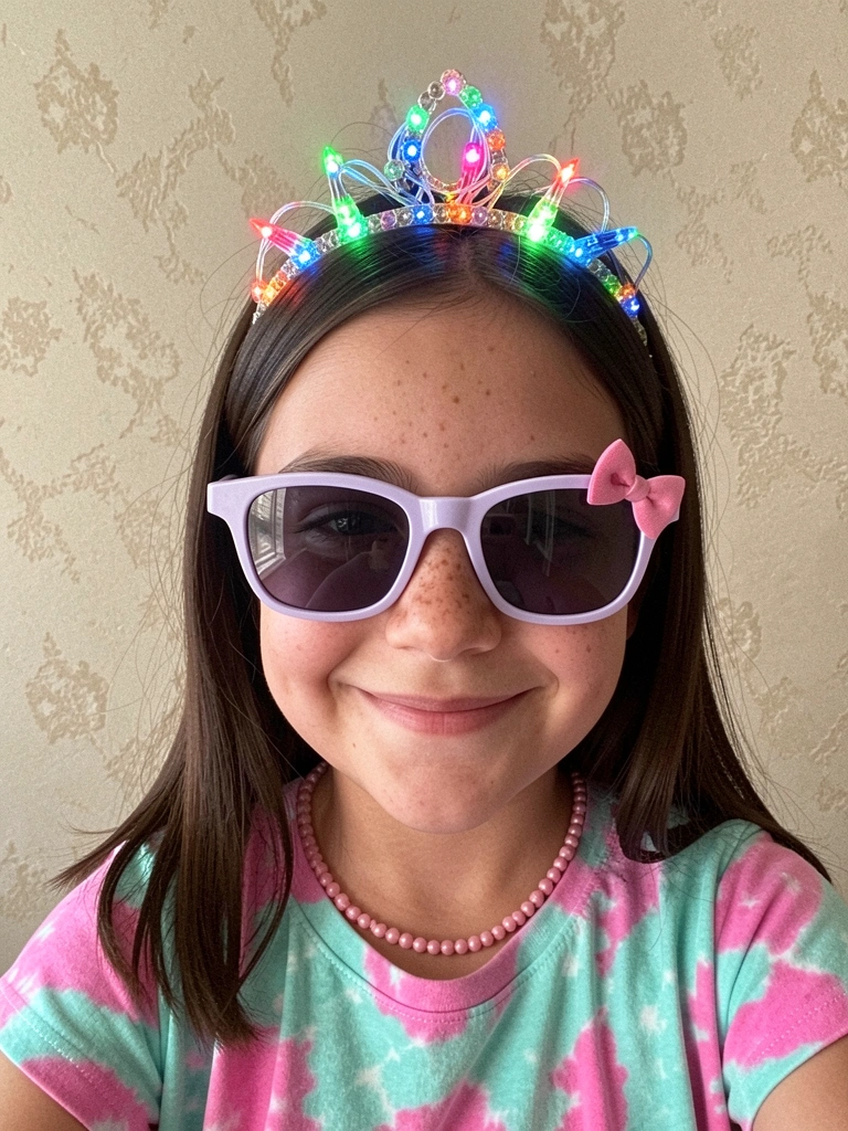 Tiara com LEDs e fios de fibra óptica acesos em cabelo escuro.