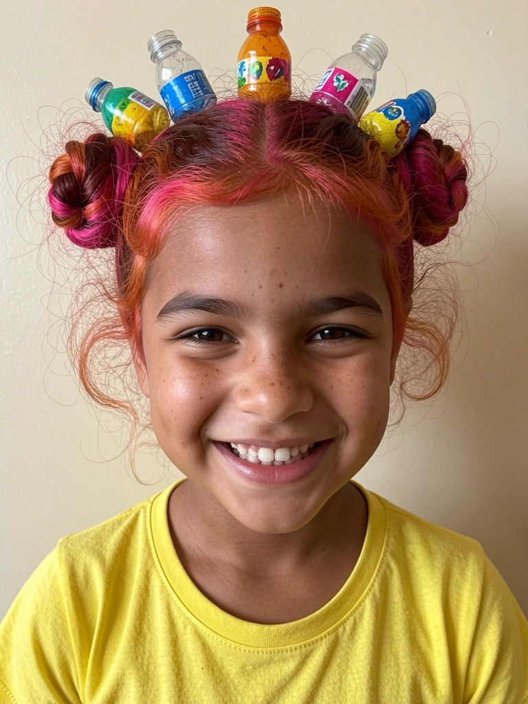 Cabelo decorado com garrafas pet cortadas e pintadas em cores vibrantes.