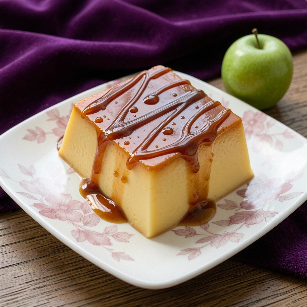 Fatia de pudim de padaria sobre prato branco, com textura firme e cremosa e calda caramelizada.