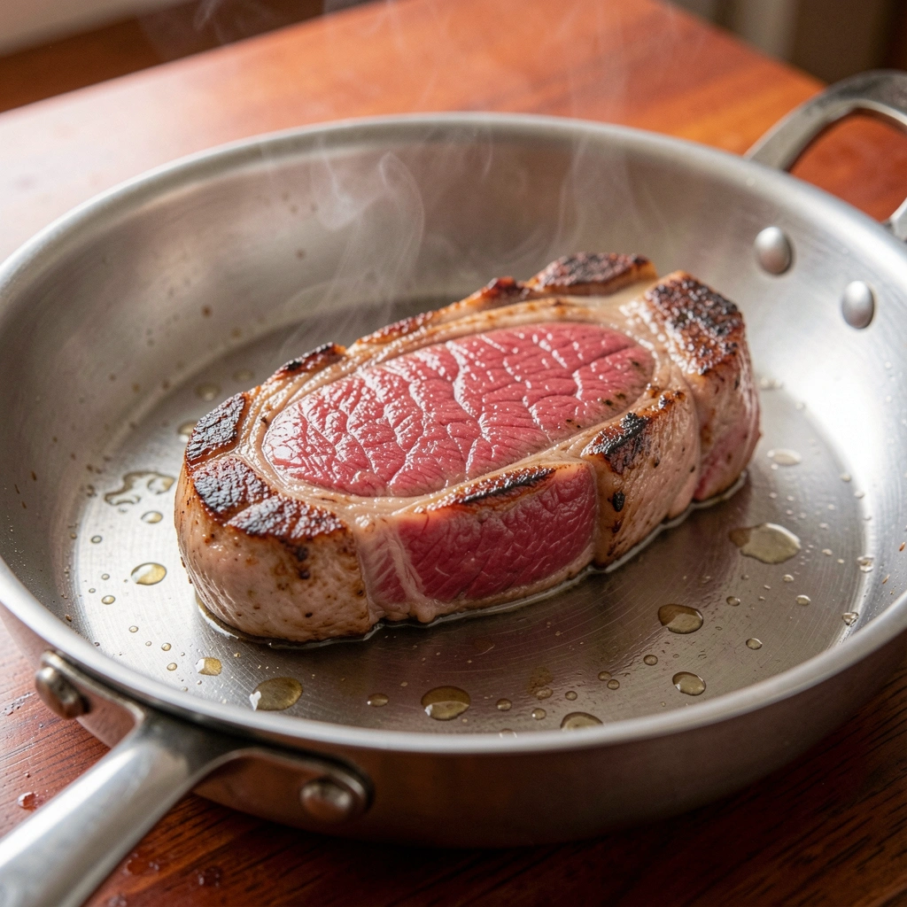 Bife de contra filé sendo selado em frigideira quente com óleo.