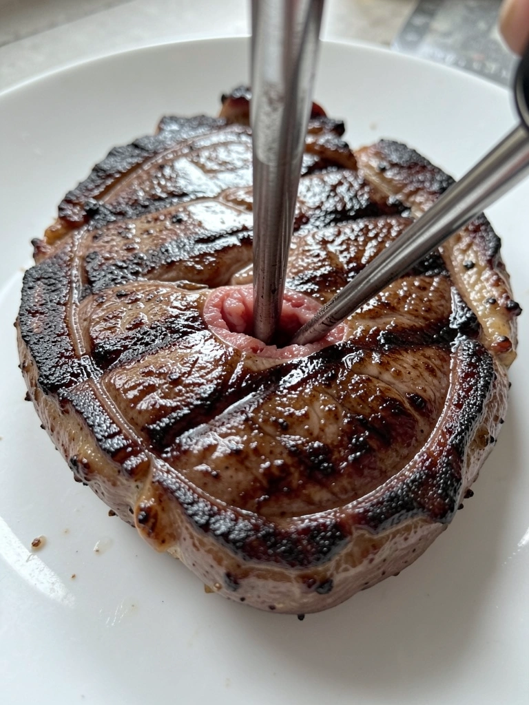 Termômetro de carne inserido em um pedaço de contra filé assado.