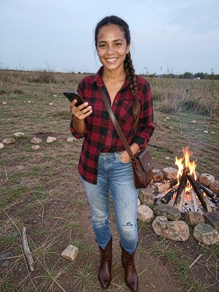 Mulher com camisa xadrez, jeans e bota western em pé ao lado de uma fogueira ao ar livre.