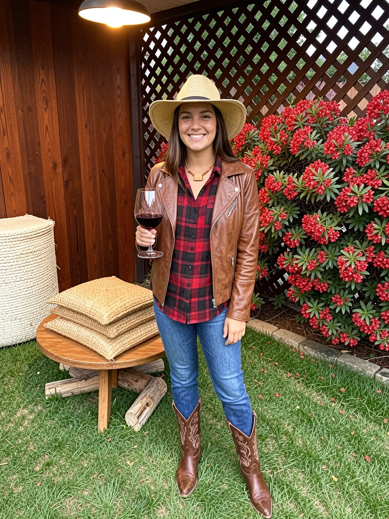 Camisa xadrez, bota western, jeans, jaqueta de couro e chapéu de palha sobre superfície neutra.