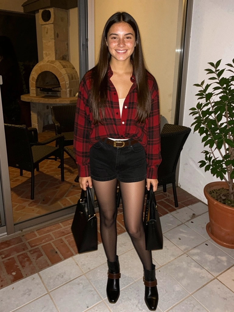 Camisa xadrez vermelha e preta em modelo oversized, vista de frente.