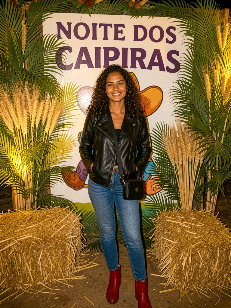 Jaqueta de couro preta sobre jeans azul, pose despojada.