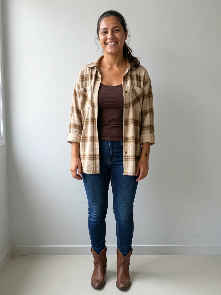 Camisa xadrez grande, jeans skinny e bota western marrom compondo um look.
