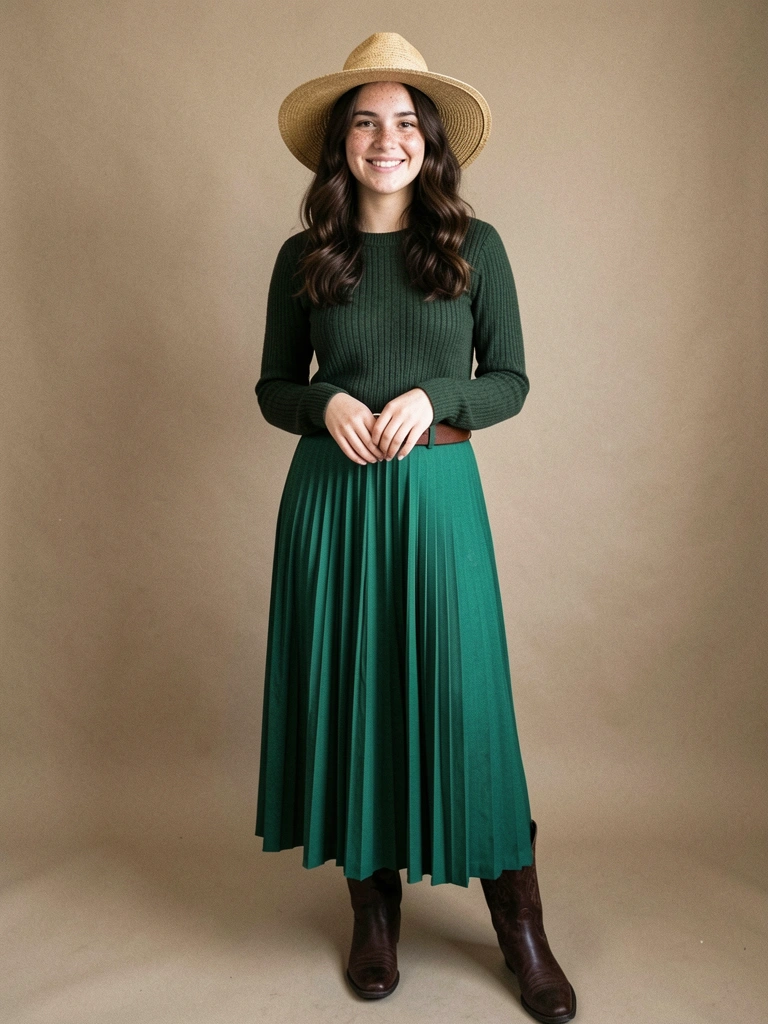 Saia plissada verde combinada com bota western e chapéu de palha em pose elegante.