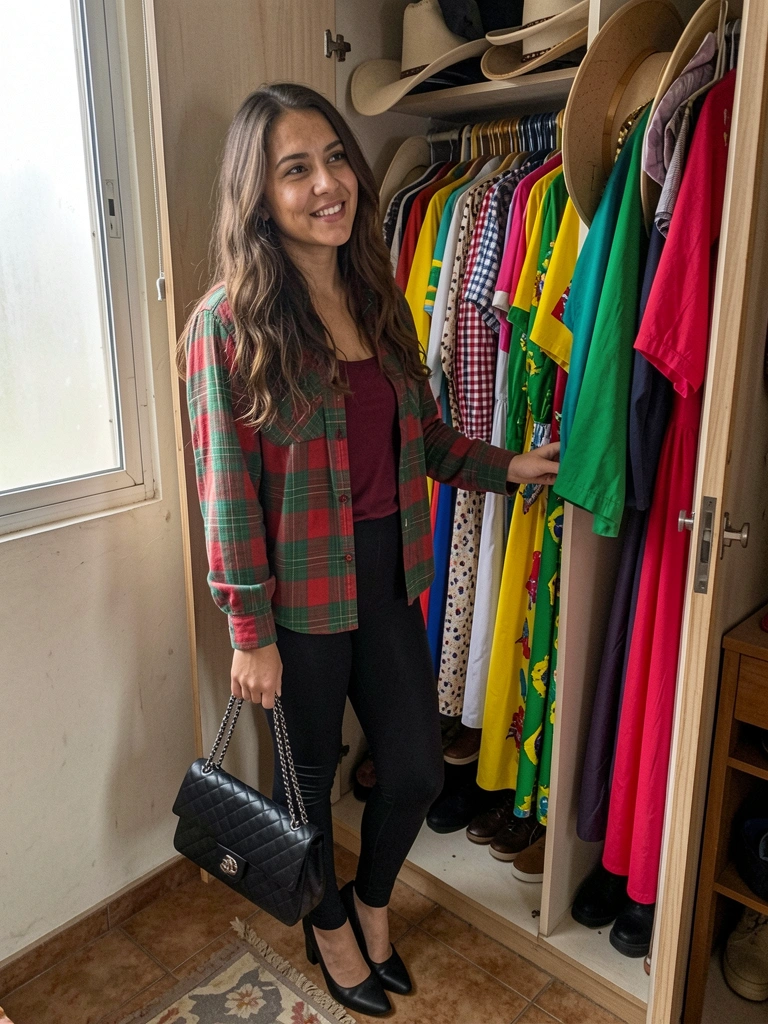 Mulher pensativa diante de um guarda-roupa aberto com roupas de festa junina.