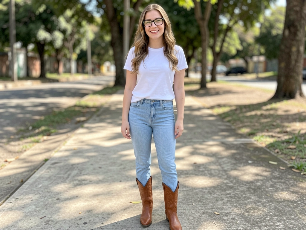 Bota western, calça jeans e camiseta básica combinados em um look.