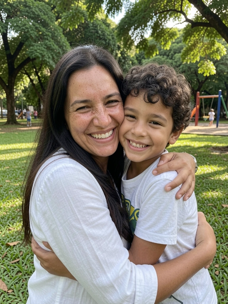 Mãe e filho abraçados em um parque, sorrindo sob luz suave.