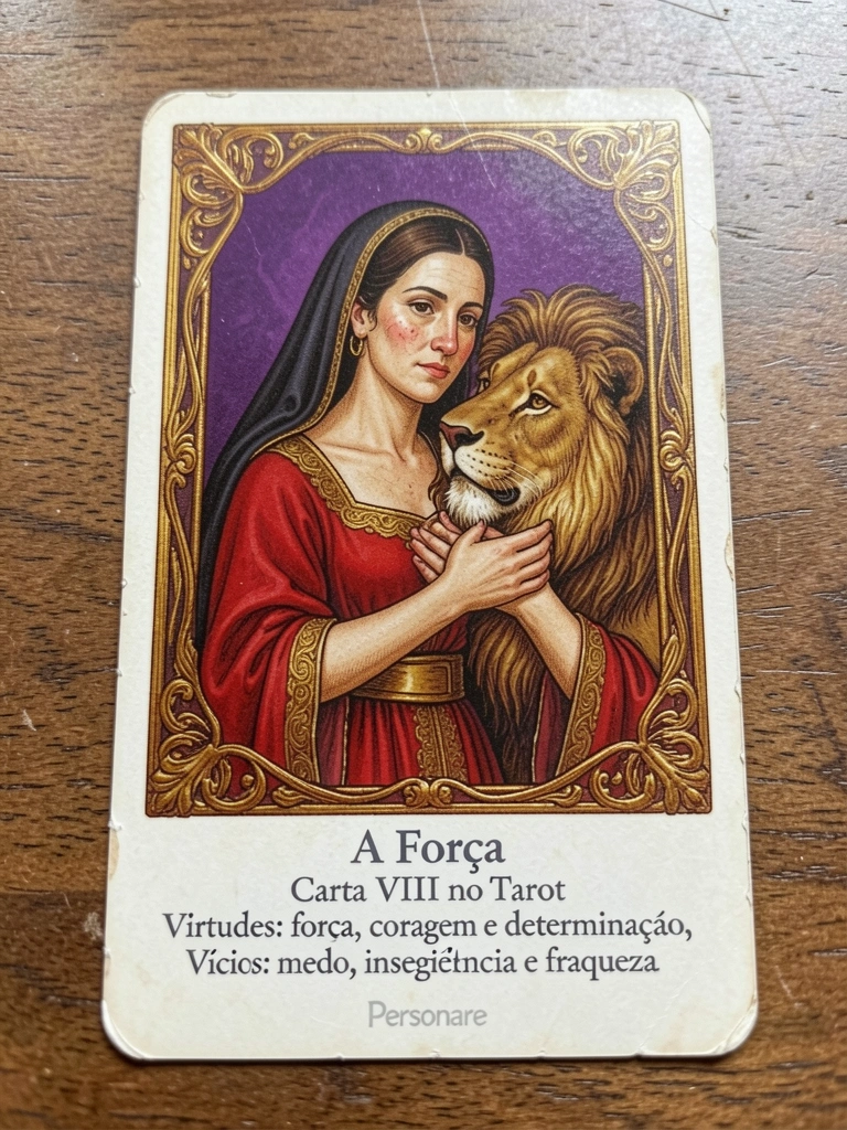 Carta do tarot A Força, com uma figura feminina segurando as mandíbulas de um leão, sobre fundo amarelo.