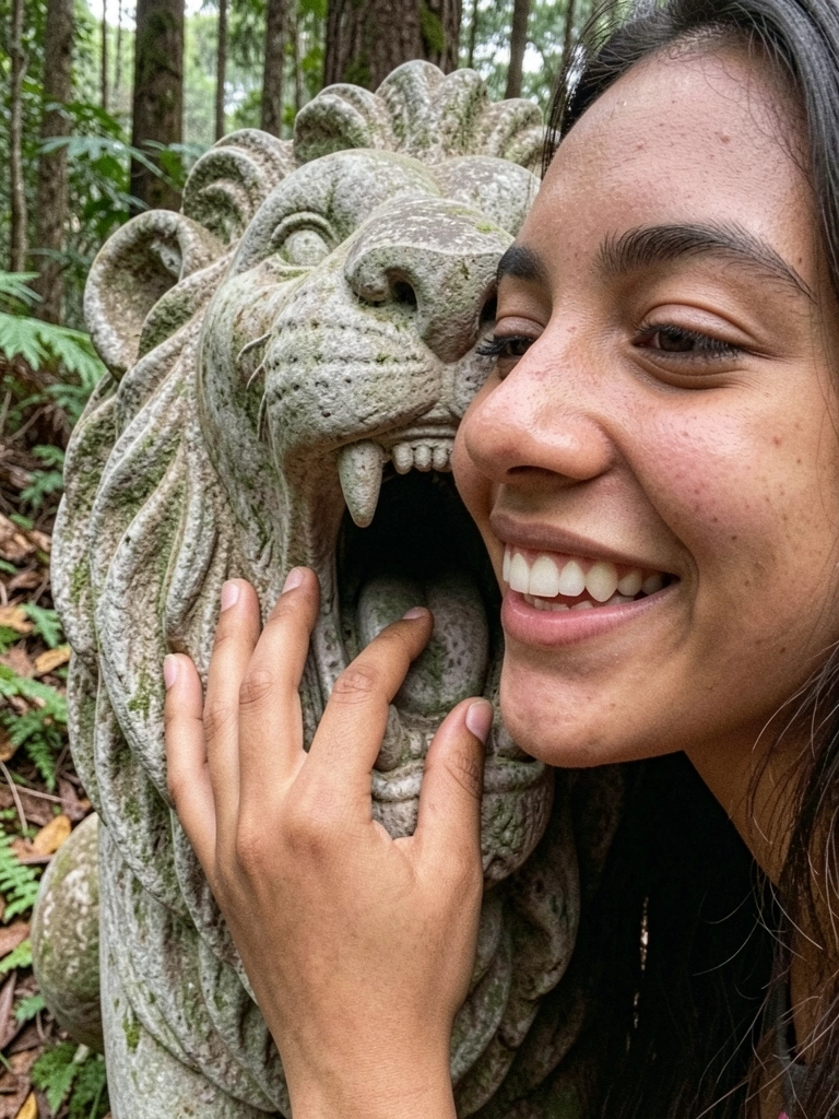 Figura feminina segurando a boca de um leão, detalhe em close.