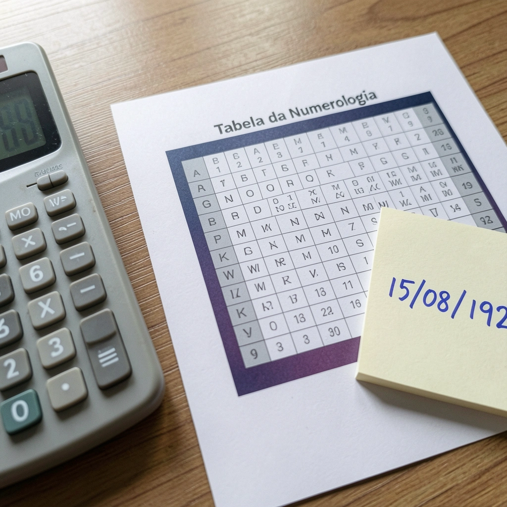 Calculadora sobre papel com data de nascimento anotada.
