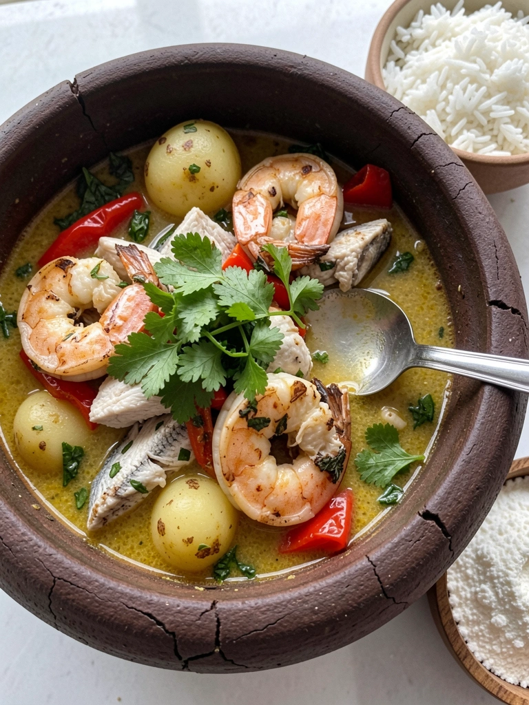 Moqueca paraense em panela de barro, com arroz e farinha d