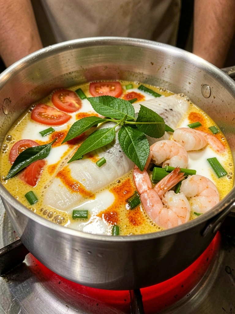 Ingredientes da moqueca paraense dispostos em uma bancada: peixe, tucupi, jambu, dendê e leite de coco.