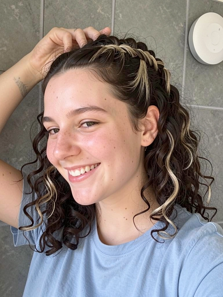 Mulher com cabelo cacheado sorri enquanto faz uma trança embutida.