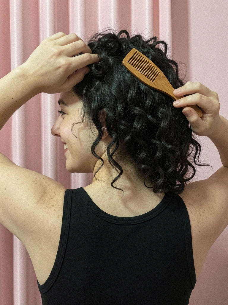 Mãos segurando mechas crespas com um pente garfo.