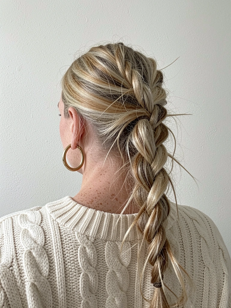 Mechas tortas e trança solta em cabelo castanho, com fios desalinhados.
