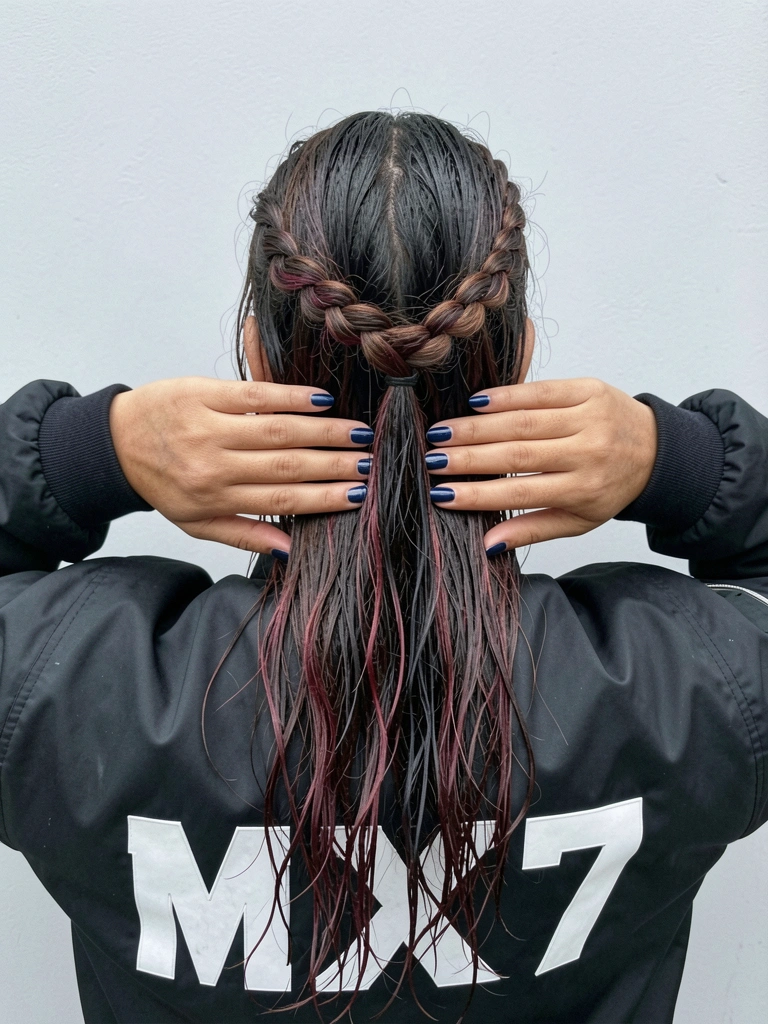 Mulher de costas com trança na coroa e cabelo solto.