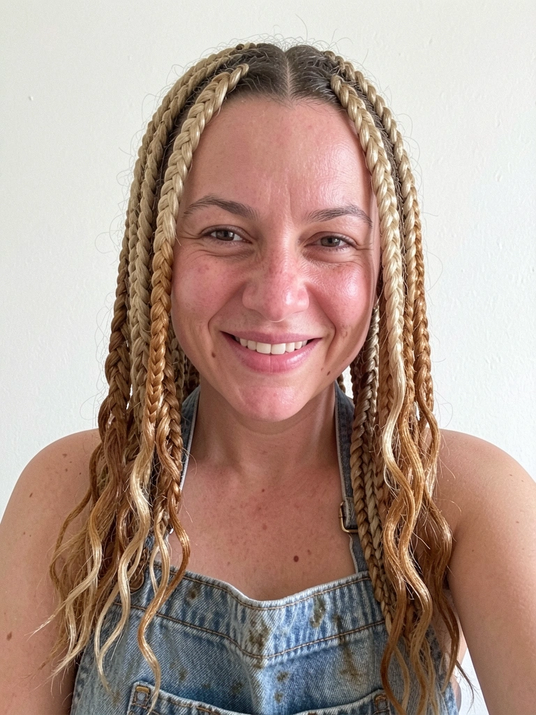 Box braids em estilo embutida e espinha de peixe, close detalhado dos fios entrelaçados.