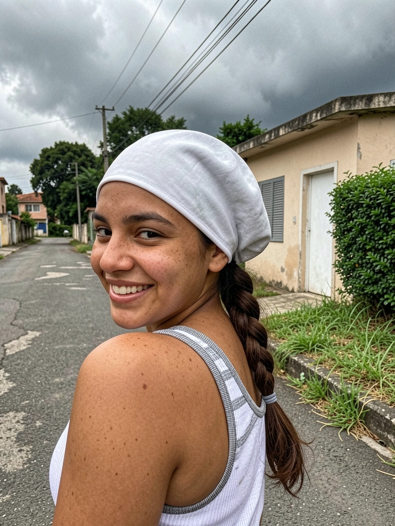 Trança presa com elástico de silicone e touca, cabelo escuro e liso.