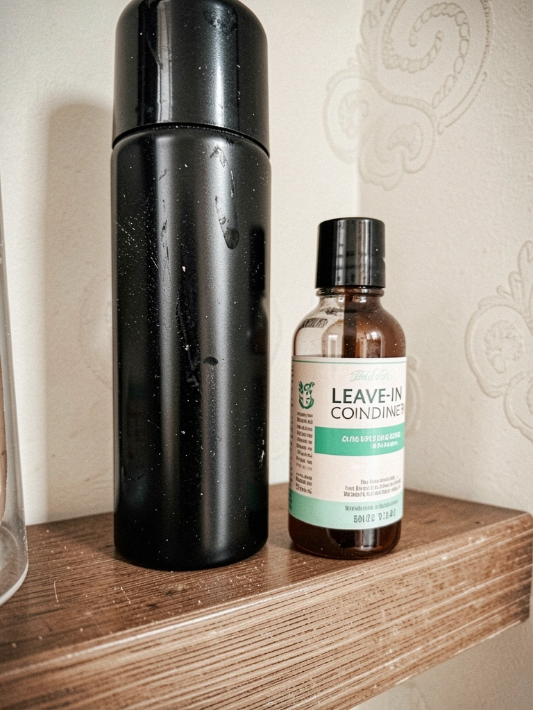 Frasco de spray fixador e outro de leave-in sobre prateleira de vidro.