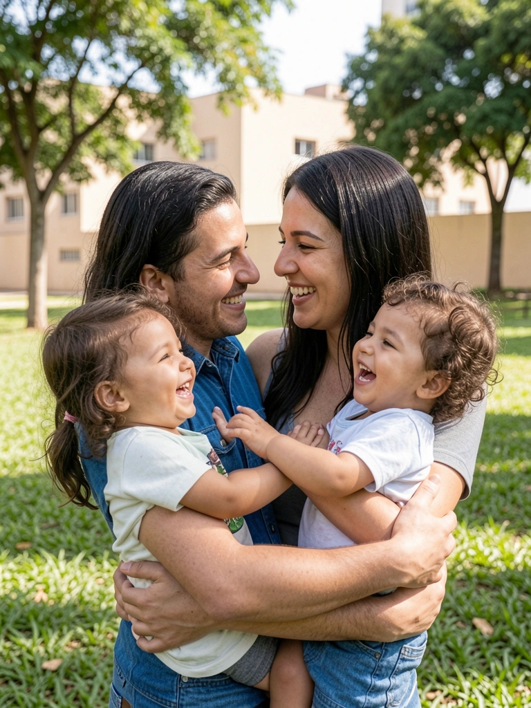 Casal abraçado com dois filhos sorrindo sob luz do sol.