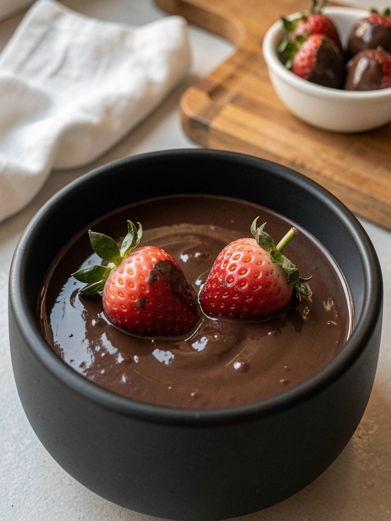 Fondue de chocolate sendo servida com morangos e bananas em espetos.