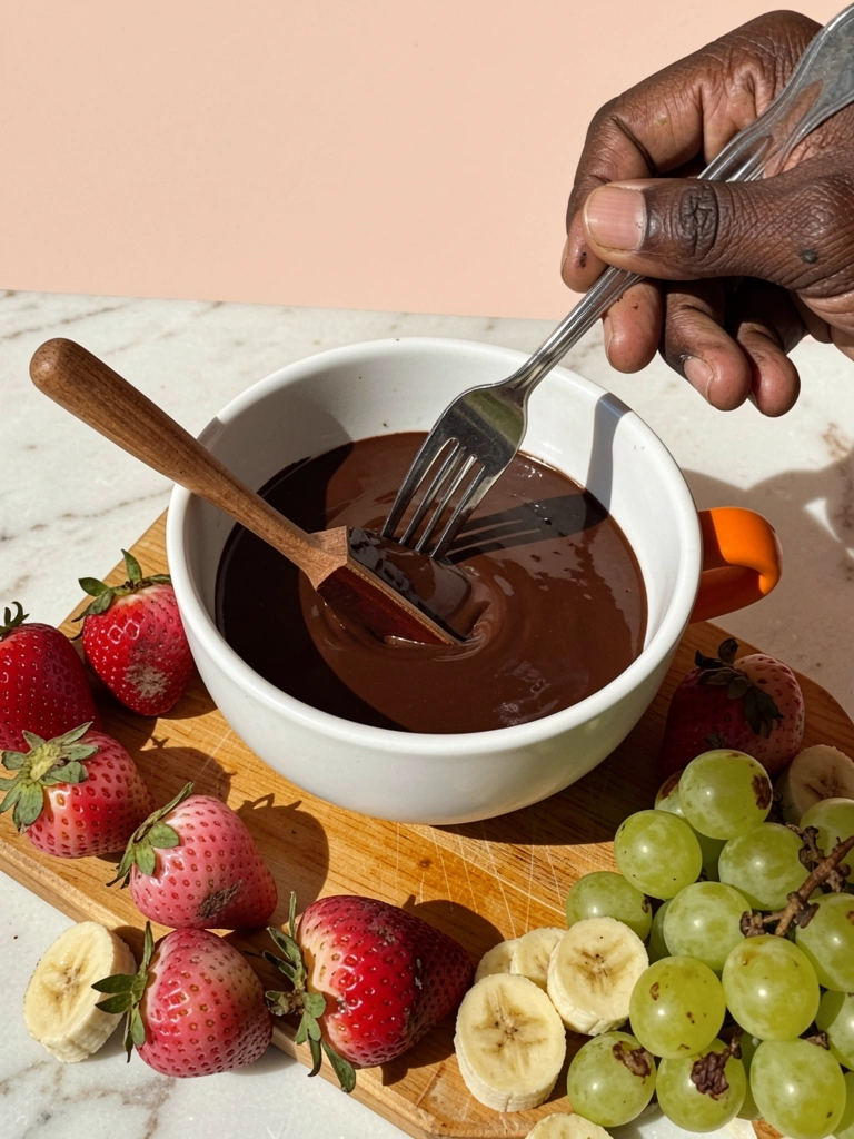 Pedaços de chocolate, morangos e marshmallows dispostos em uma tábua de madeira.