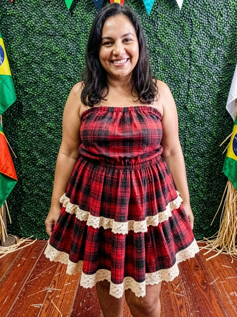 Mulher sorrindo usando saia xadrez rodada em festa junina, com bandeirinhas ao fundo.