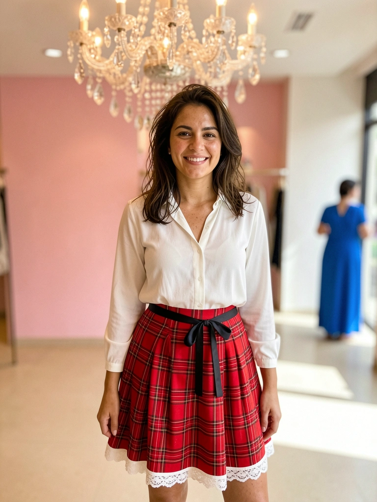 Saia xadrez vermelha combinada com blusa branca, formando um look completo.