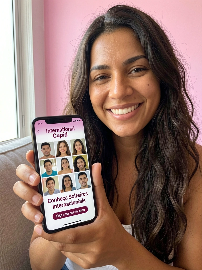 Mulher sorrindo segurando smartphone com aplicativos de namoro abertos na tela.