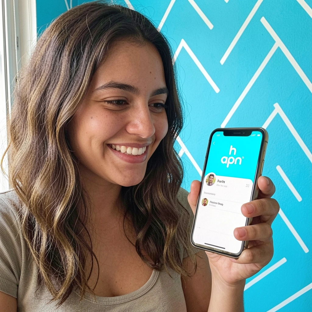 Pessoa segurando smartphone com tela exibindo perfil em aplicativo de relacionamento gratuito.