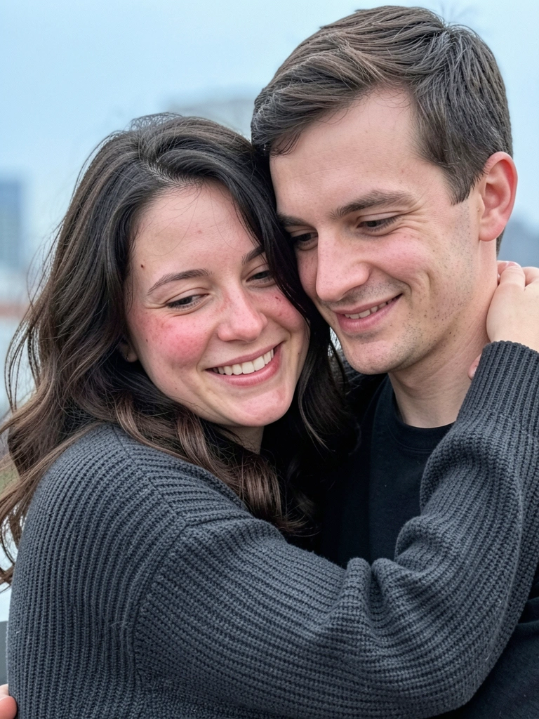 Casal abraçado, ambos sorrindo genuinamente, em um ambiente descontraído.
