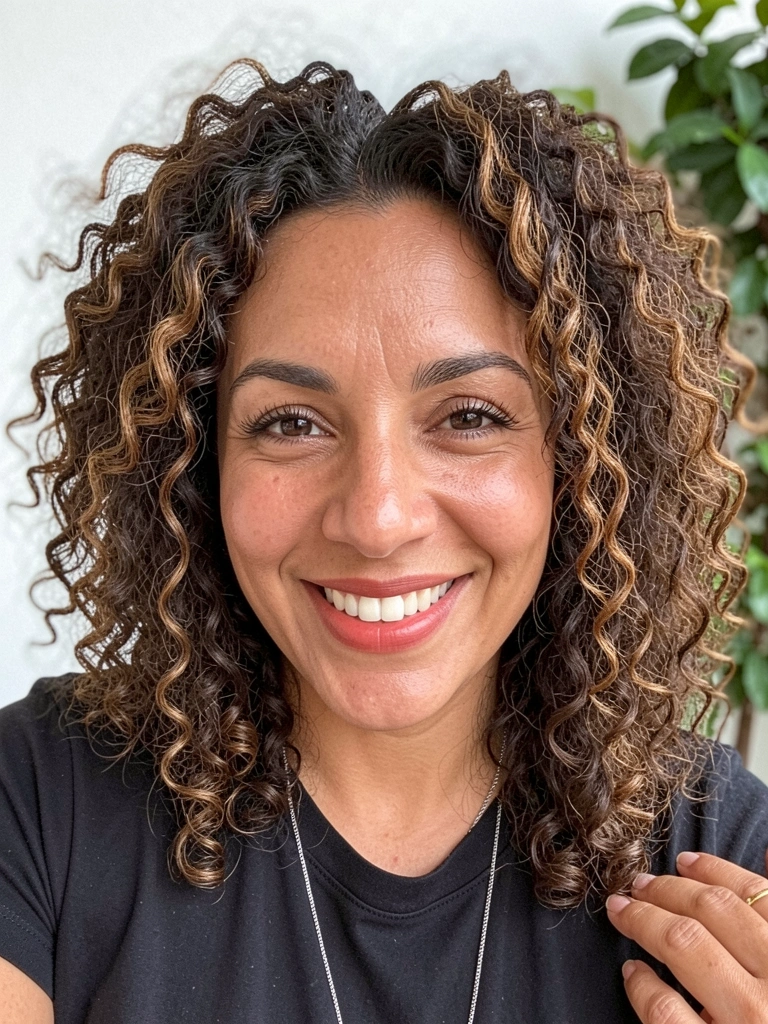 Mulher com cabelo cacheado volumoso antes e depois do corte, sorrindo.