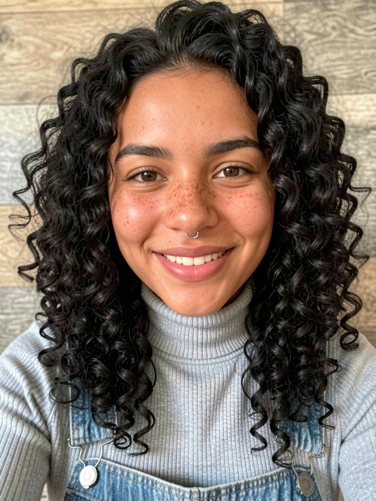 Corte em camadas médias em cabelo cacheado tipo 3B, com definição e volume.