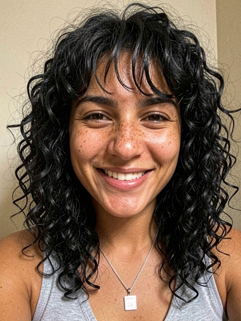 Corte shag cacheado em rosto quadrado, com franja desfiada e camadas volumosas.