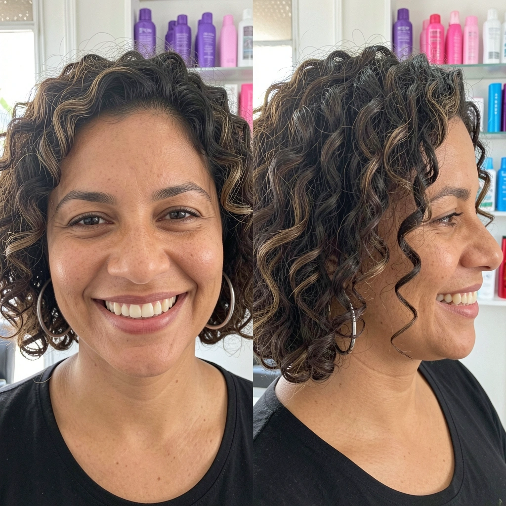 Mulher com cabelo cacheado em corte chanel moldando o rosto oval, fios definidos e volume natural.