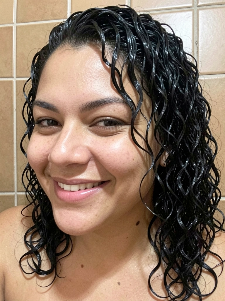 Corte em V cacheado em rosto coração, com volume concentrado na base.