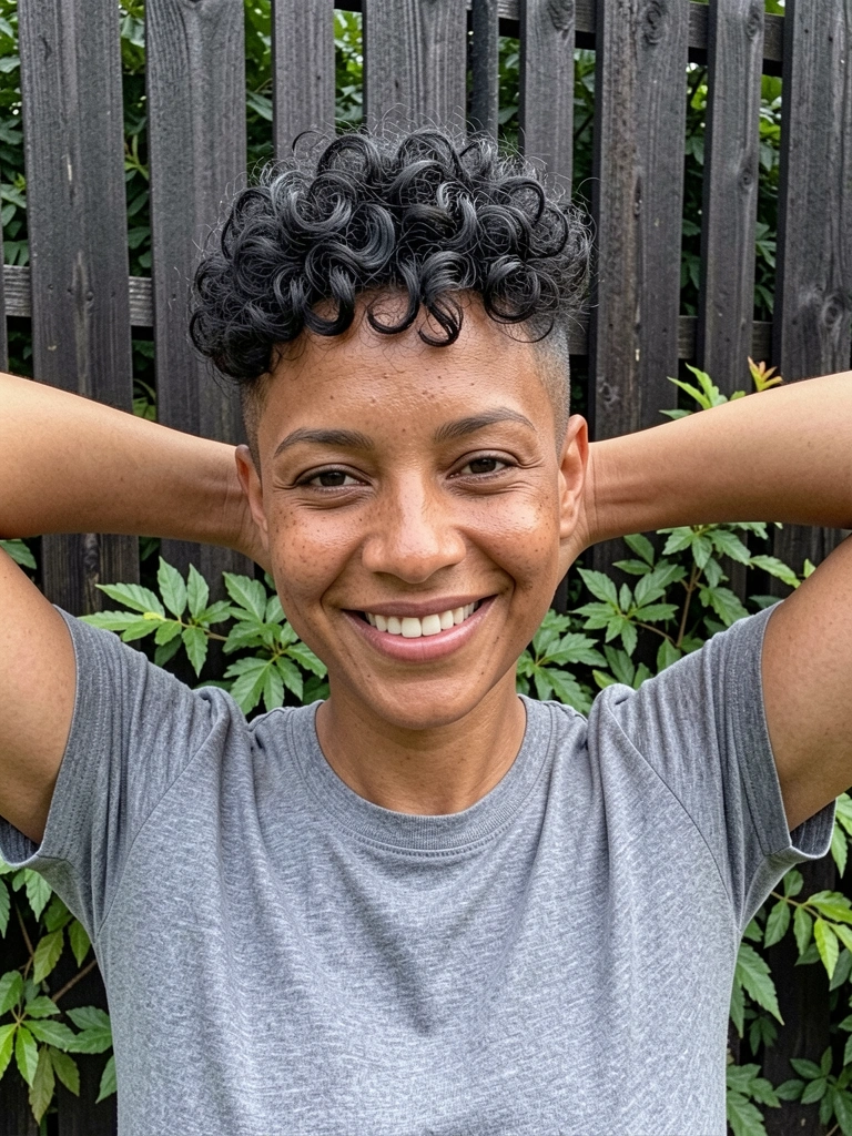 Pixie cut cacheado com laterais raspadas e top volumoso em luz natural.