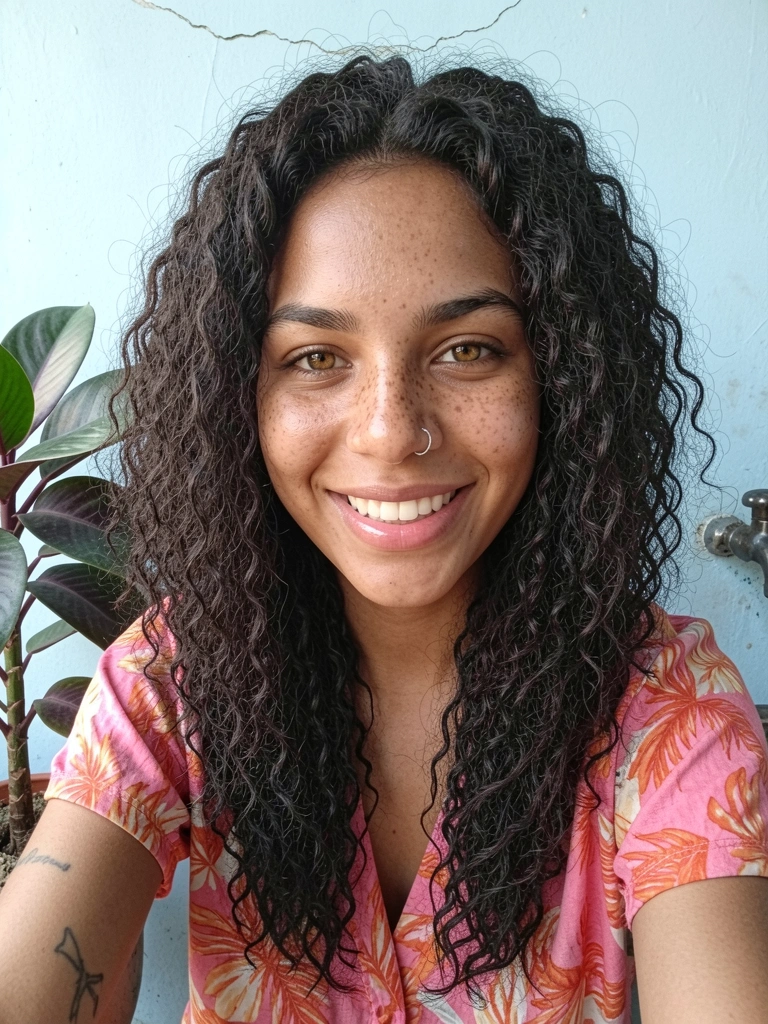 Cabelo cacheado com corte em V longo e camadas progressivas.