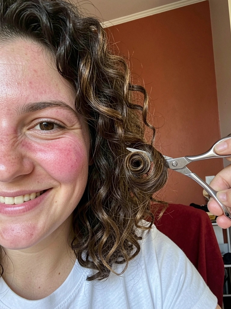 Tesoura cortando pontas de cabelo cacheado seco com técnica point cutting.