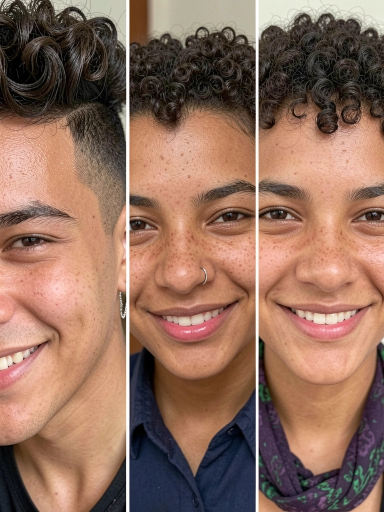 Montagem com três fotos de cortes de cabelo cacheado: wolf cut, corte coração e joãozinho cacheado.