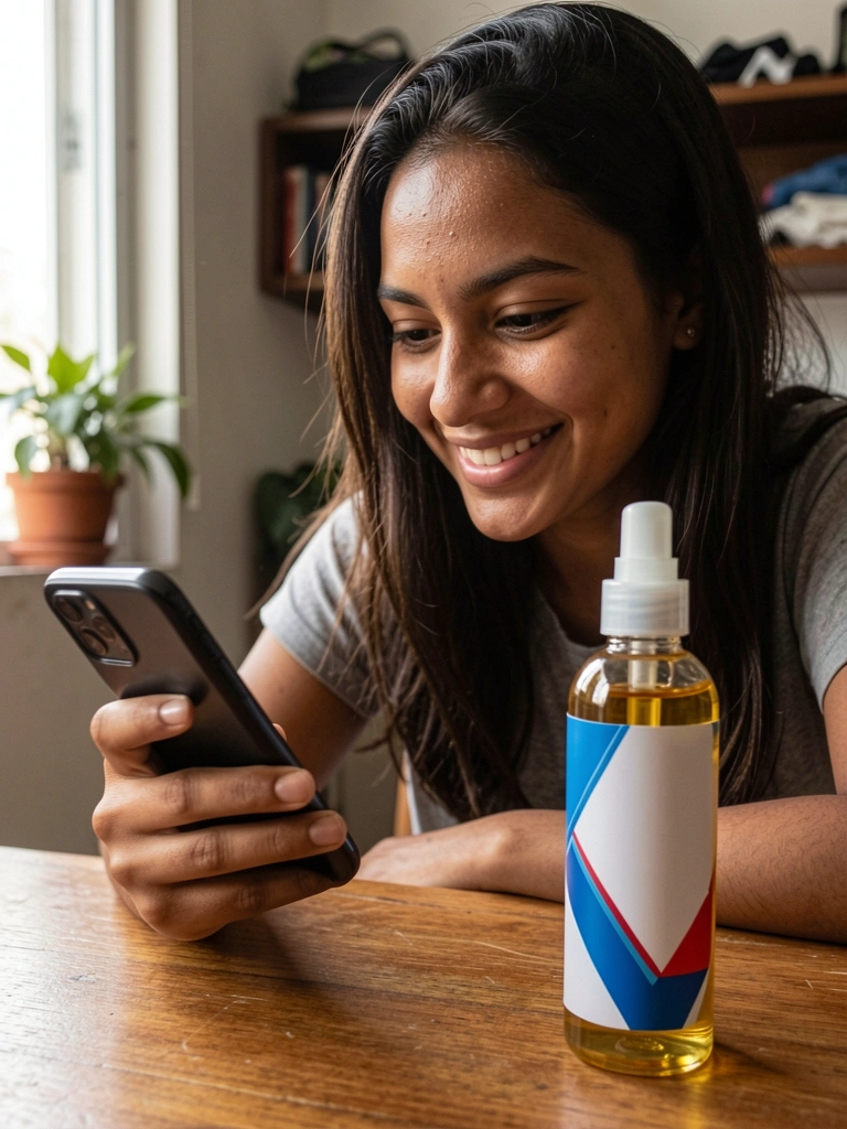 Pessoa segurando celular com a tela voltada para cima, pesquisando informações sobre o produto.