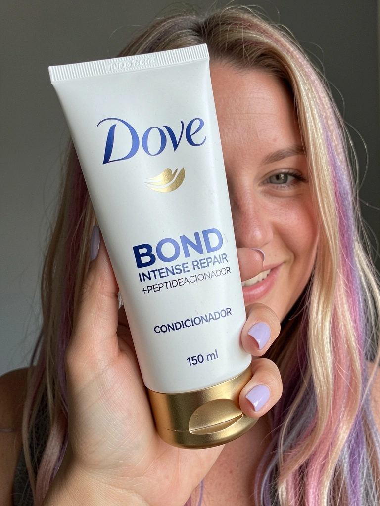 Cabelos com mechas coloridas e pontas aparentemente hidratadas após aplicação de produto.