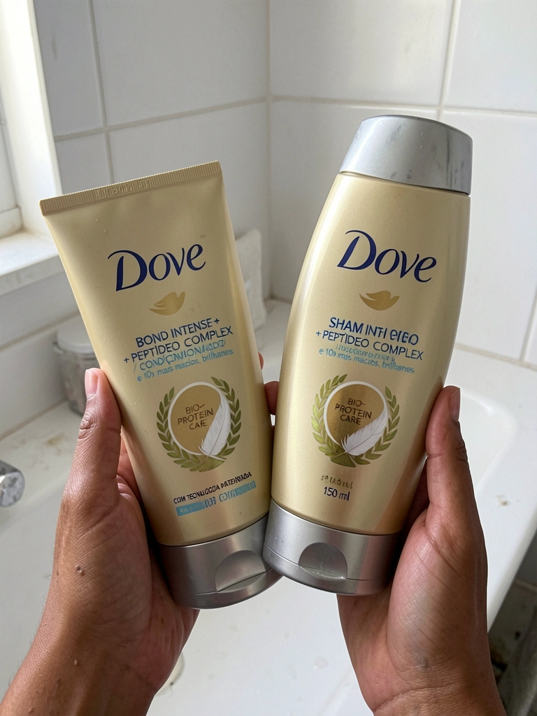 Mãos seguindo frascos de shampoo e condicionador da Dove.
