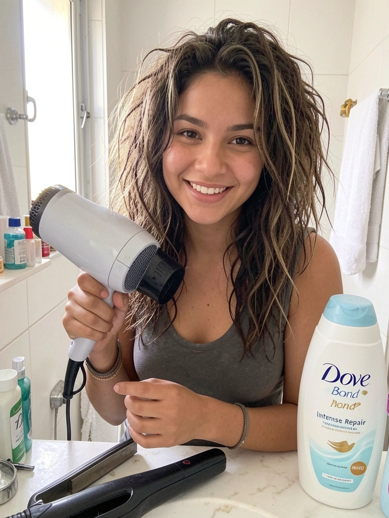 Secador e chapinha sobre superfície ao lado de fios de cabelo ressecados e quebradiços.