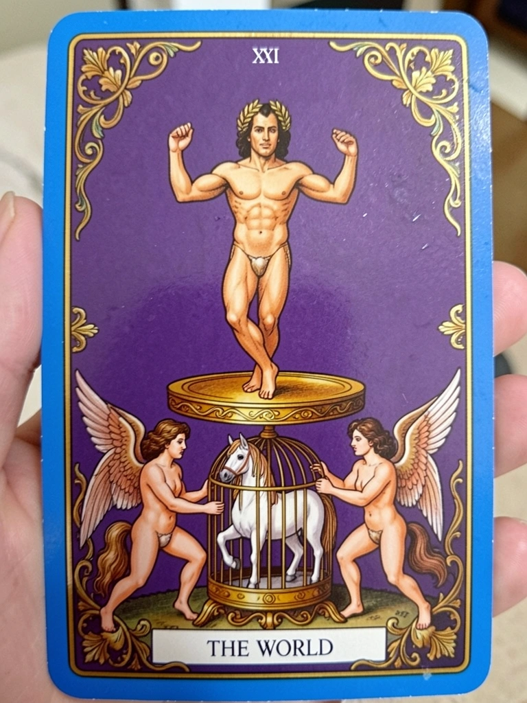 Carta do tarot O Mundo com figura dançante central e guirlanda verde em moldura oval.