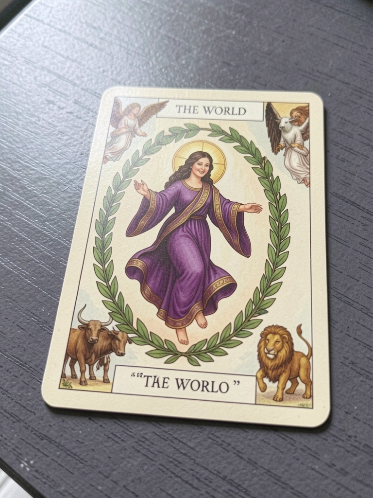 Quatro figuras sob uma auréola, com guirlanda ao redor, em detalhe da carta O Mundo.